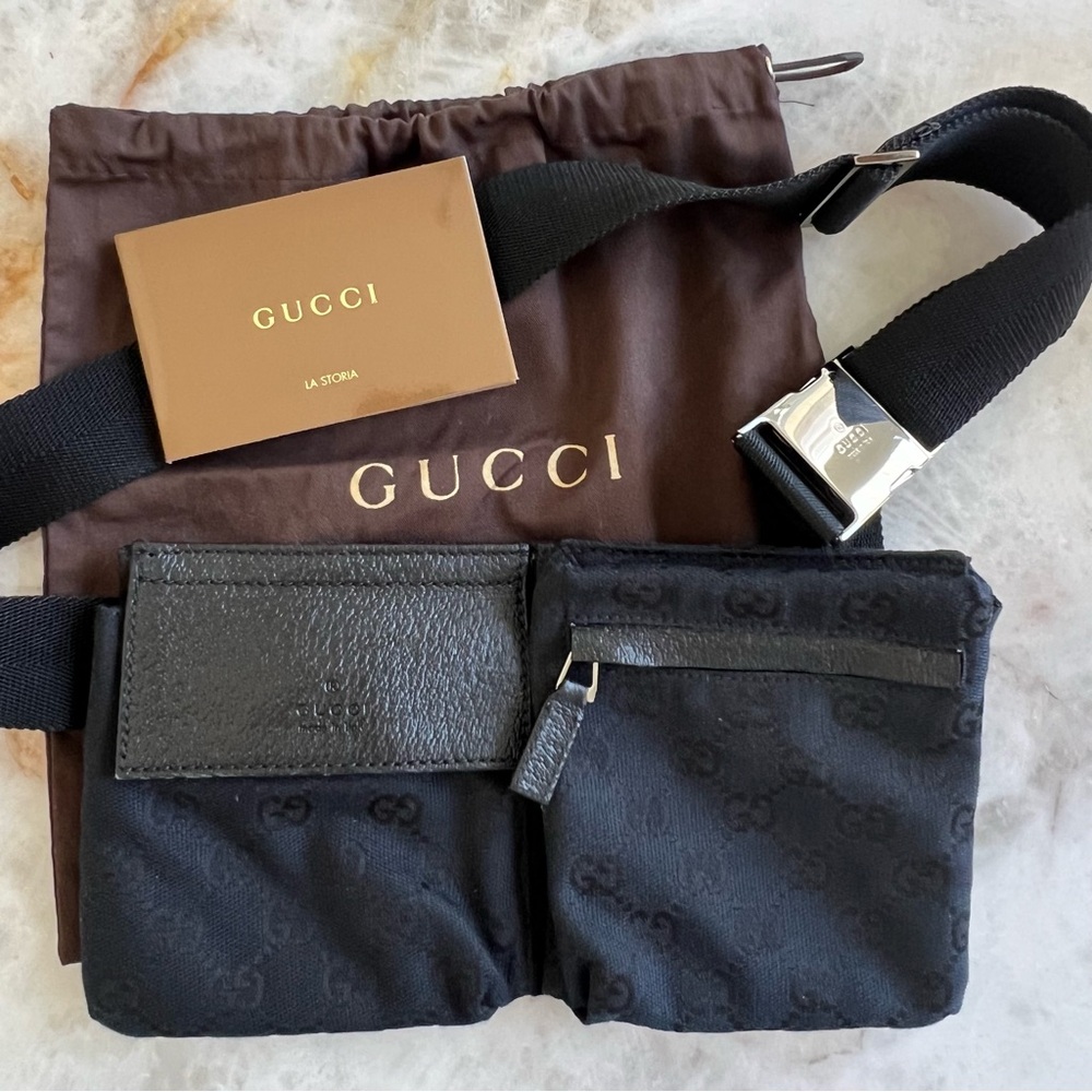 Gucci Black Logo Fabric Fanny Pack Belt Bag with Leather Details & Pockets - Picture 14 of 14